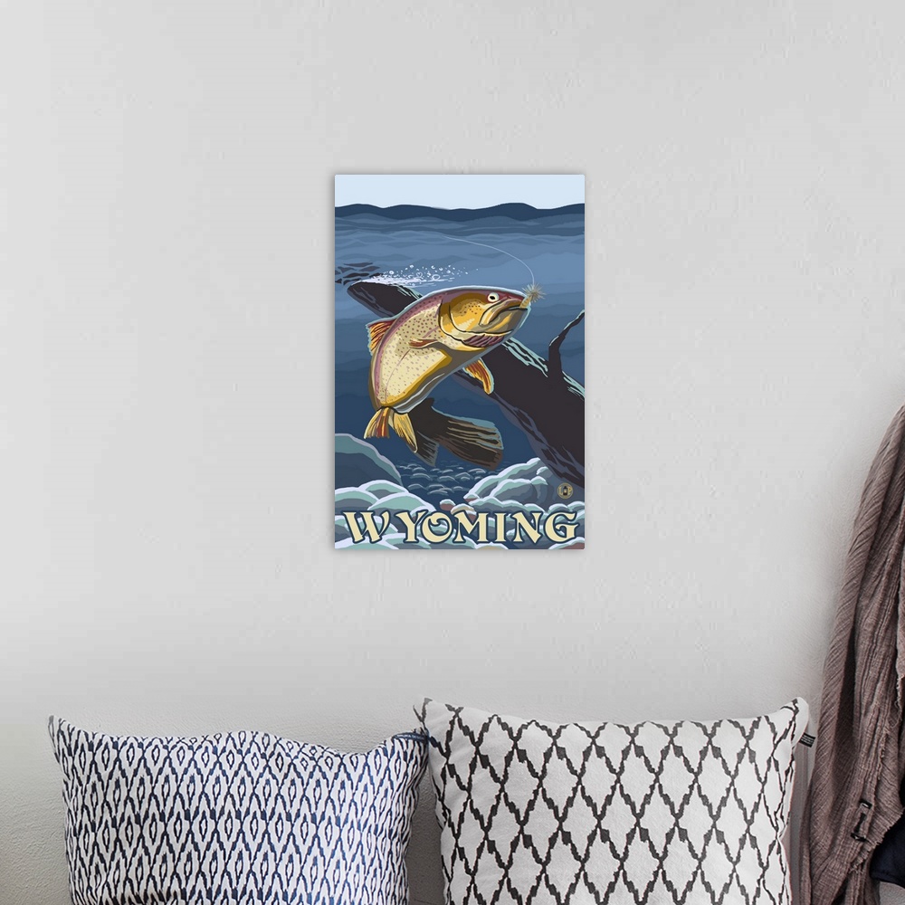 A bohemian room featuring Trout Fishing Cross-Section - Wyoming: Retro Travel Poster