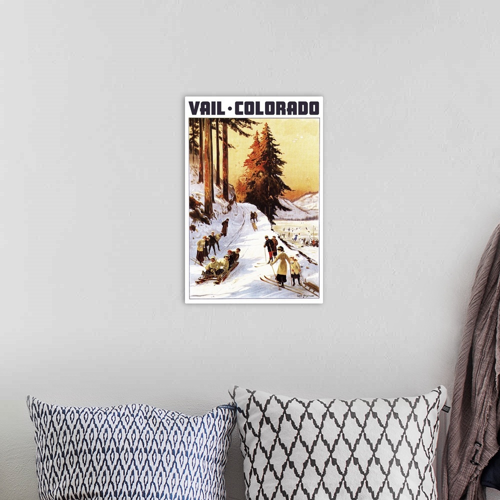 A bohemian room featuring Vail, Colordao - Sledding and Skiing: Retro Travel Poster