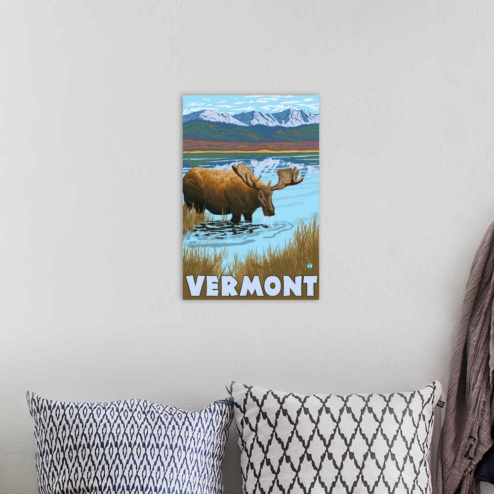 A bohemian room featuring Vermont - Moose Drinking in Lake: Retro Travel Poster