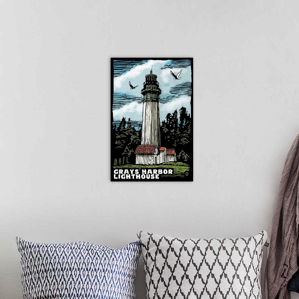 A bohemian room featuring Westport, Washington, Grays Harbor Lighthouse Scratchboard