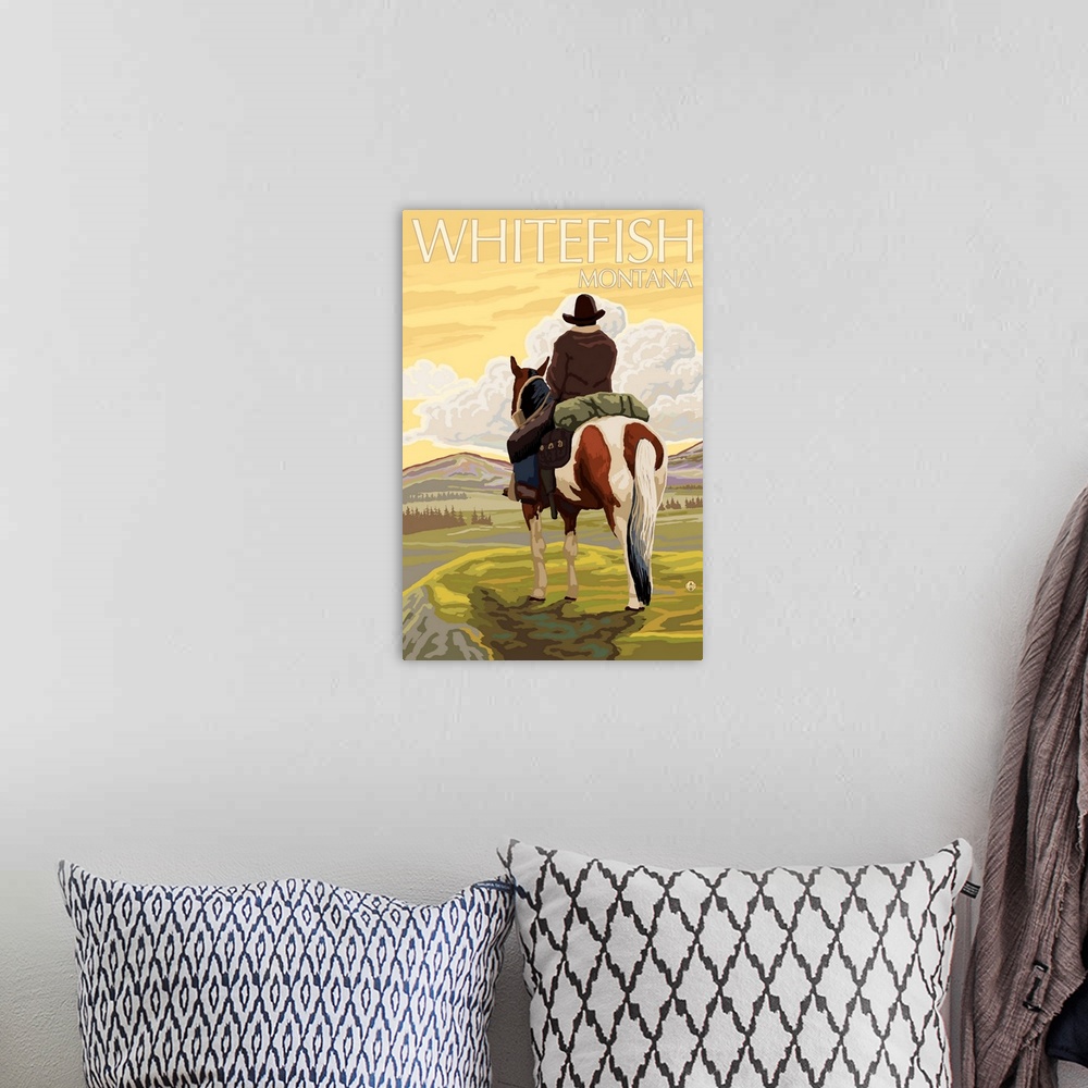A bohemian room featuring Whitefish, Montana - Cowboy (back): Retro Travel Poster