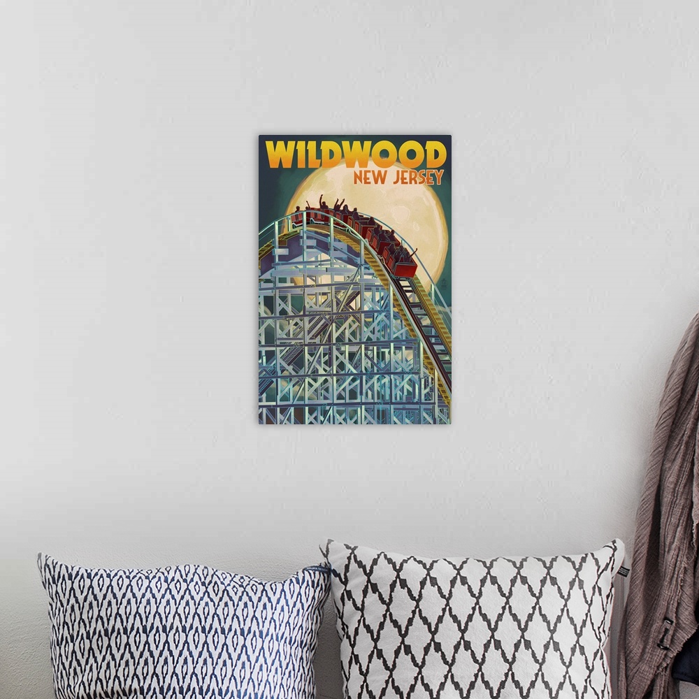 A bohemian room featuring Wildwood, New Jersey - Roller Coaster and Moon: Retro Travel Poster