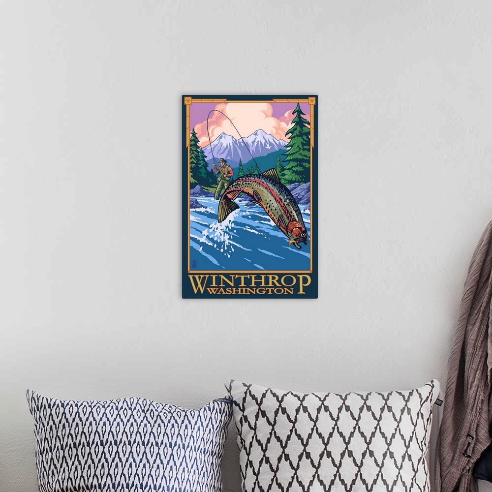 A bohemian room featuring Retro stylized art poster of fisherman catching a fish in a river, near a forest.