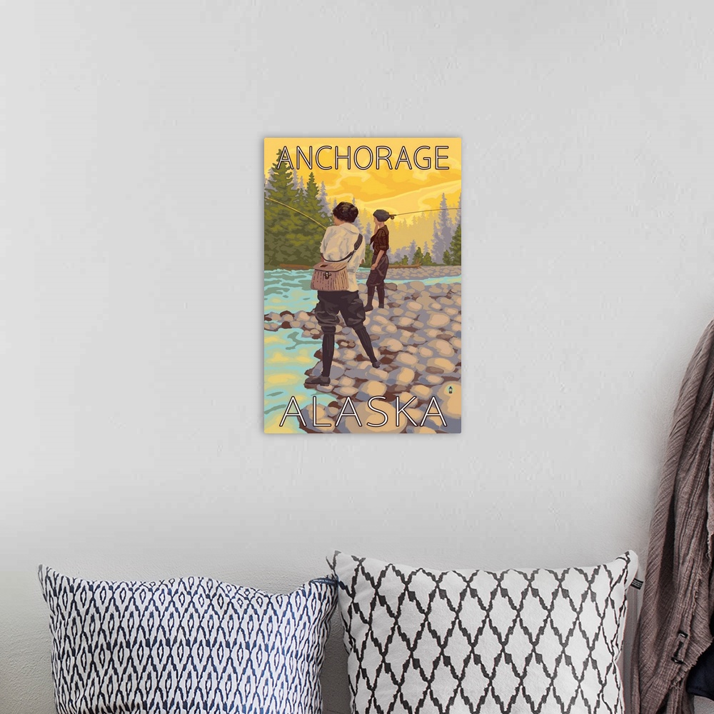 A bohemian room featuring Women Fly Fishing - Anchorage, Alaska: Retro Travel Poster