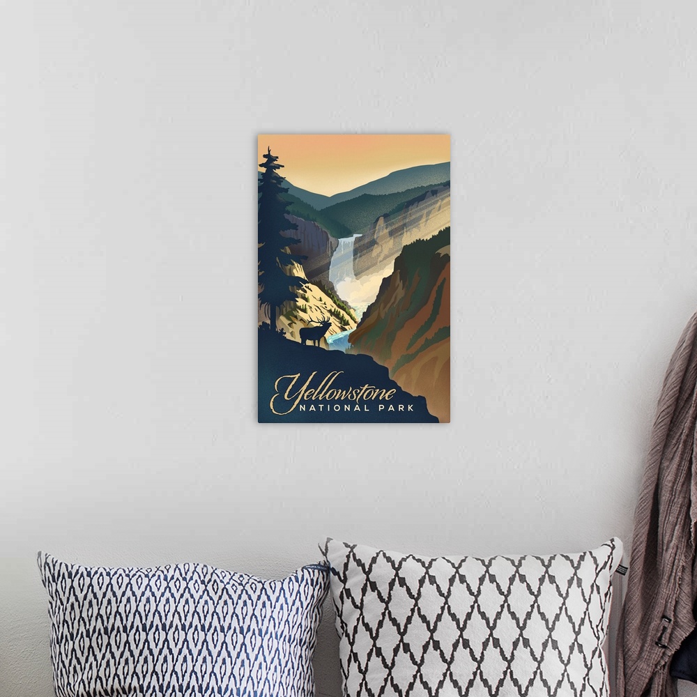 A bohemian room featuring Yellowstone National Park, Moose Call And Waterfall: Retro Travel Poster