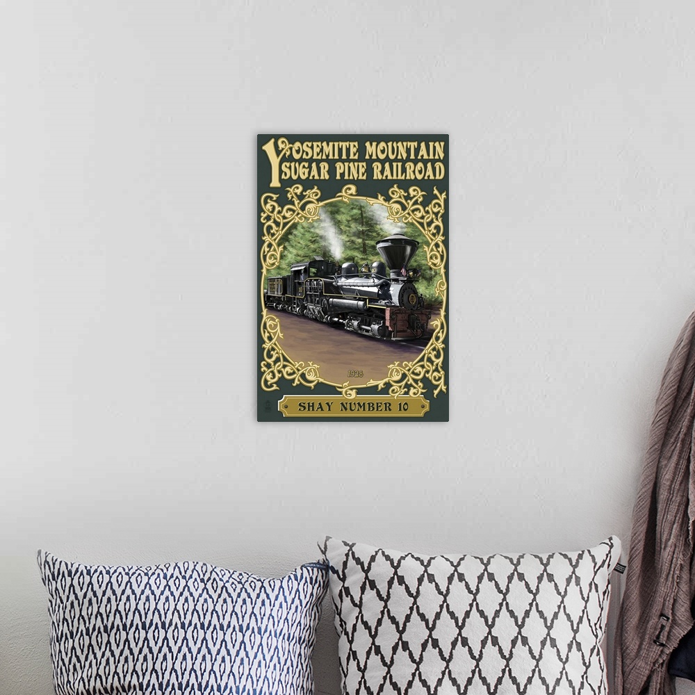 A bohemian room featuring Yosemite Mountain Sugar Pine Railroad: Retro Travel Poster