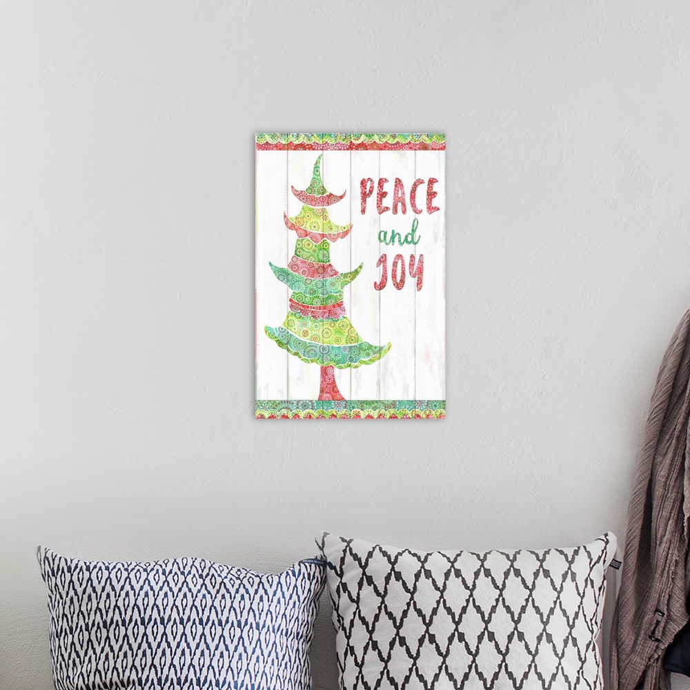 A bohemian room featuring Festive tree design in watercolor on faux white washed shiplap. Green and red watercolor patterns.