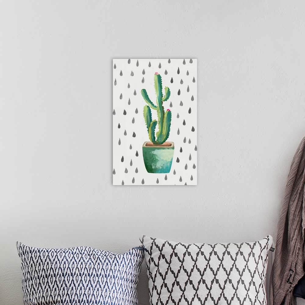 A bohemian room featuring Creative artwork of a blooming cactus in a teal flowerpot on a white background with small teardr...