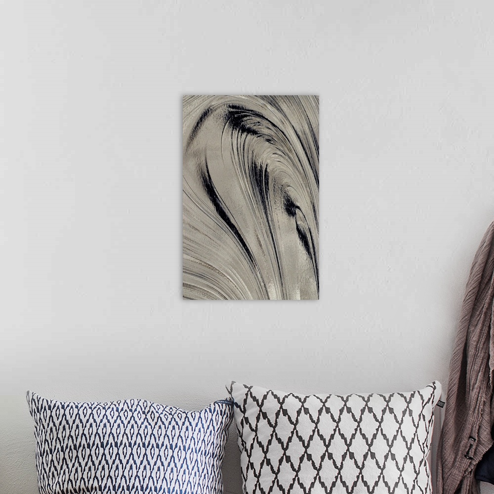 A bohemian room featuring Giant photograph focuses on the gentle curved movements of a thick, dark substance.
