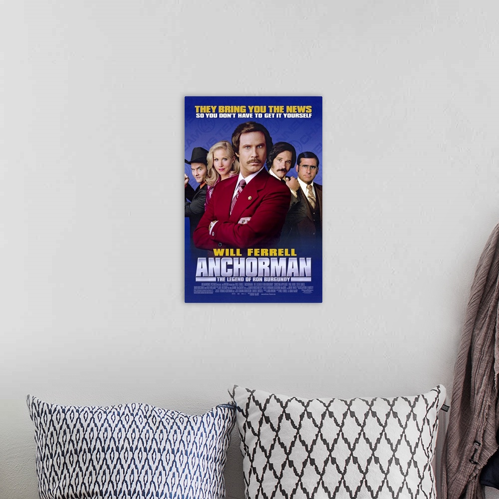 A bohemian room featuring Movie poster for "Anchorman: The Legend of Ron Burgundy". Ron is front and center of the poster w...