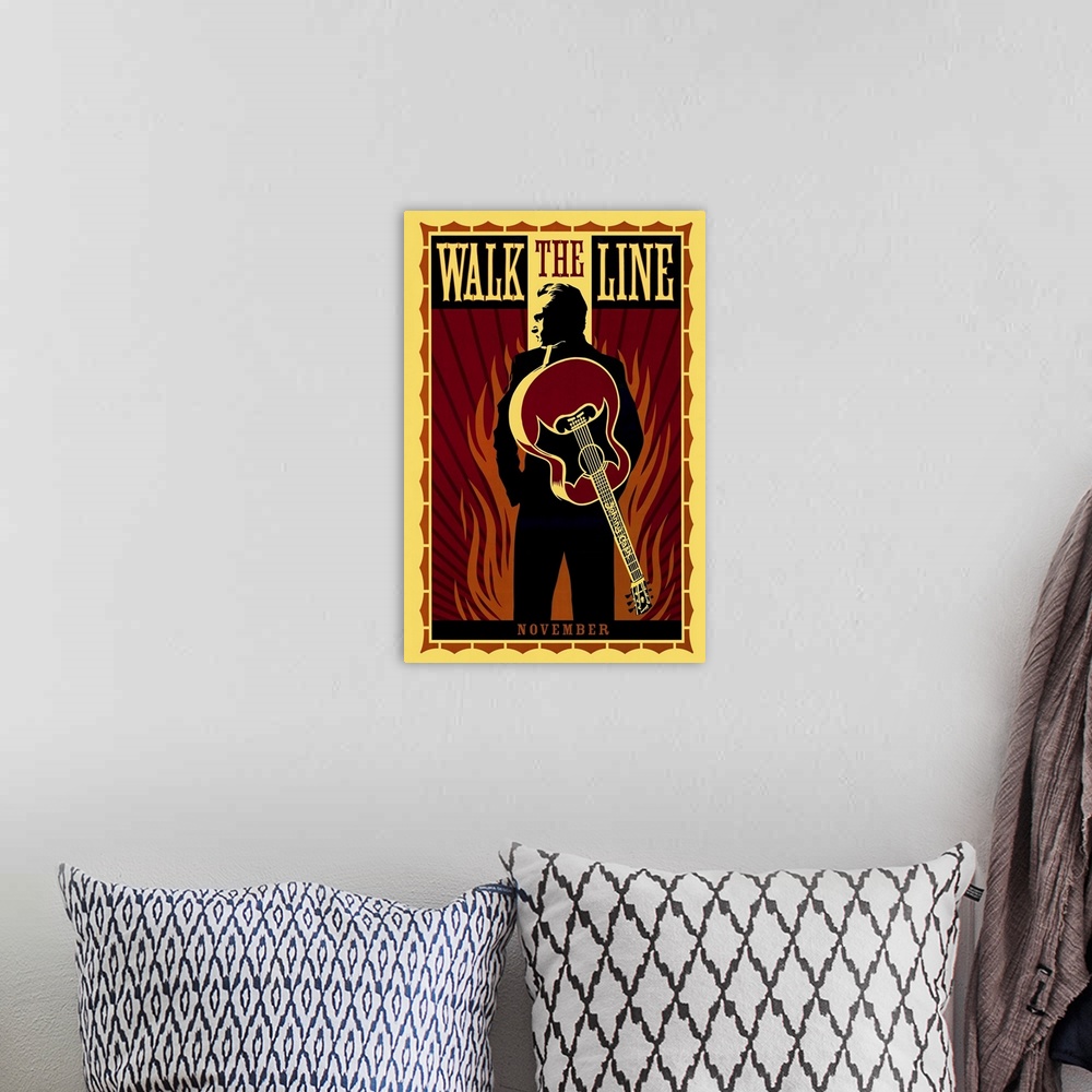 A bohemian room featuring Retro art movie poster for "Walk The Line". It shows Johnny Cash from behind peering over his sho...