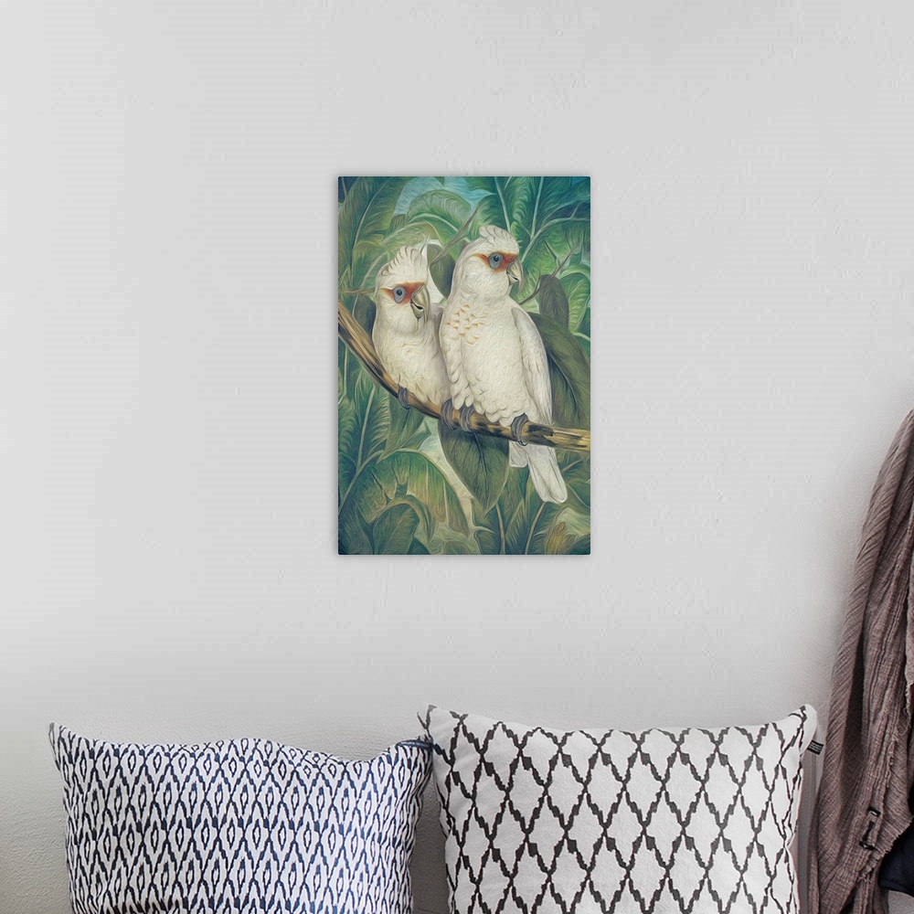 A bohemian room featuring A painterly textured image of two white cuckoos on a branch in front of a green jungle leaf backg...