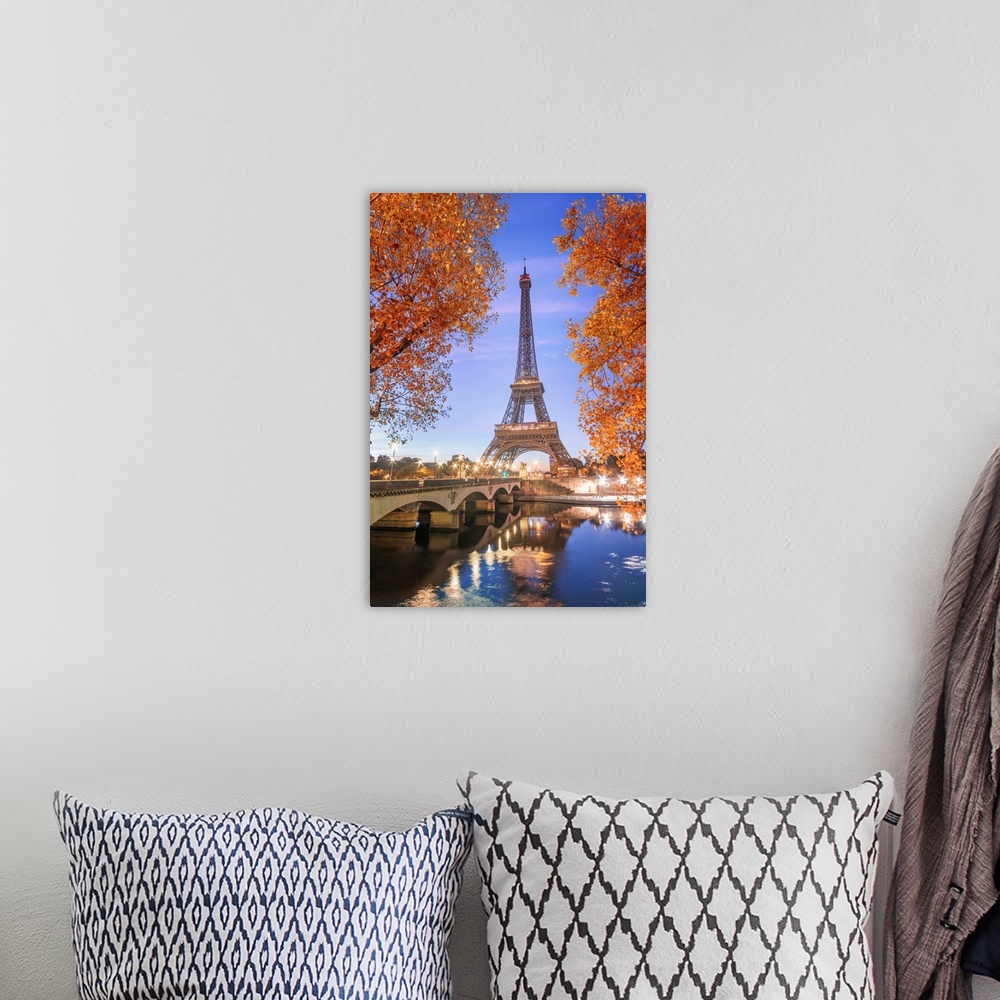 A bohemian room featuring Early morning for the Eiffel tower in Paris, facing the Jena bridge with green trees around and l...