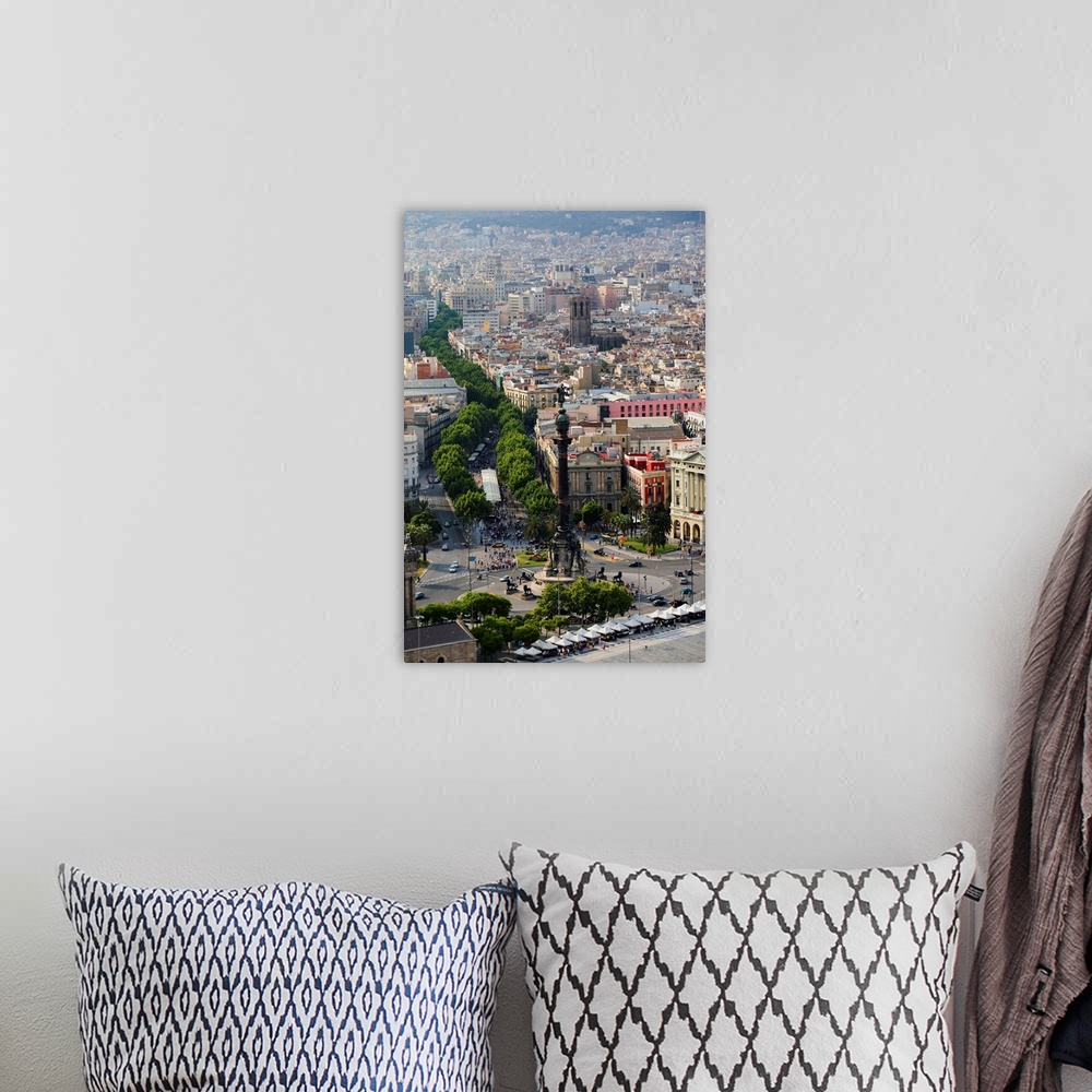 A bohemian room featuring Aerial view of La Rambla near the waterfront with Columbus statue in Barcelona, Spain