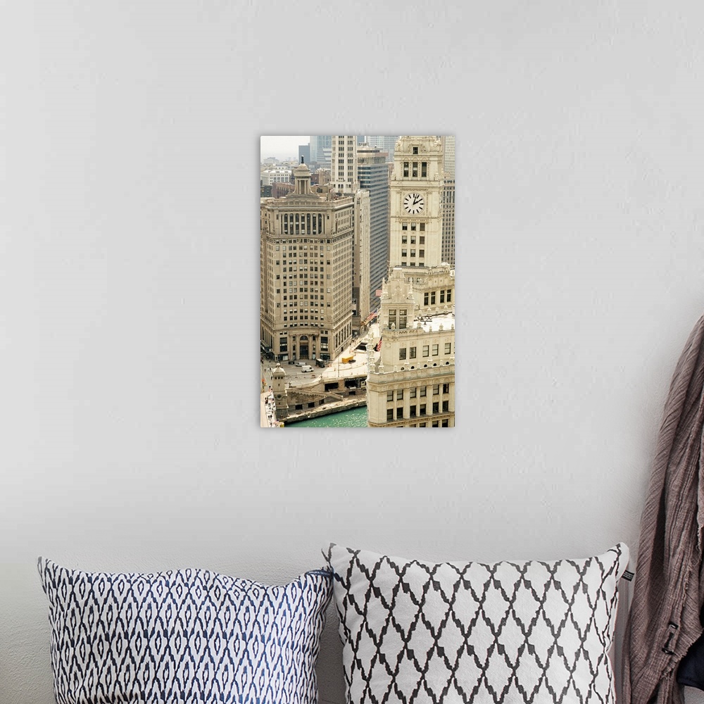 A bohemian room featuring Big photograph includes an aerial view showing a variety of tall skyscrapers lining the waterway ...