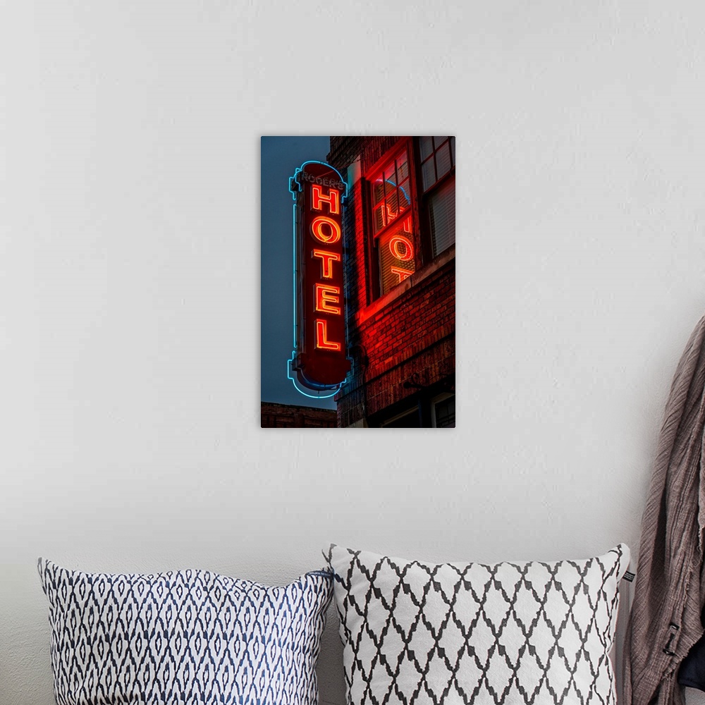 A bohemian room featuring Neon sign for "hotel" in texas.