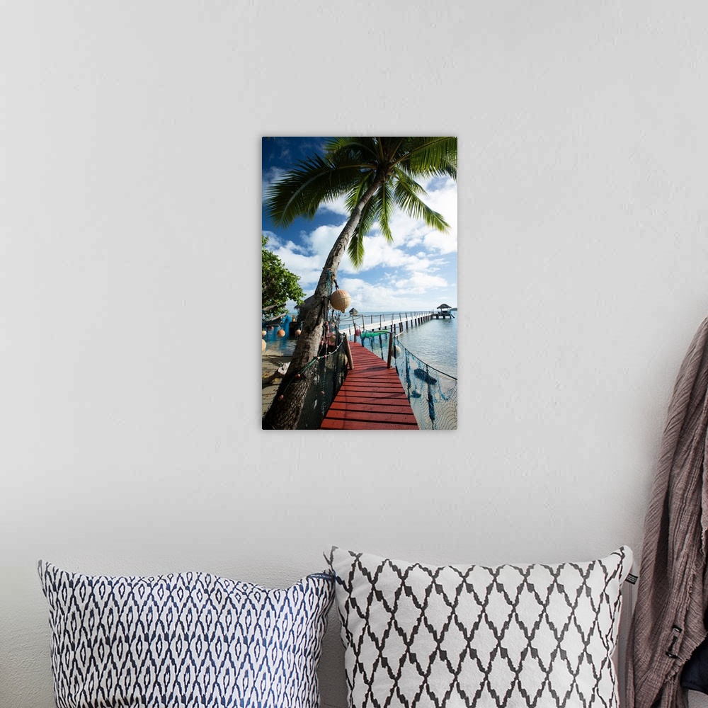 A bohemian room featuring Palm Trees and dock, Bora Bora, Society Islands, French Polynesia