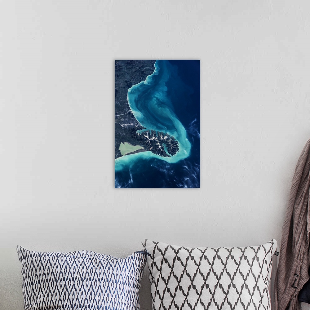 A bohemian room featuring Satellite view of Lake Ellesmere and Pigeon Bay at Banks Peninsula near Christchurch, New Zealand