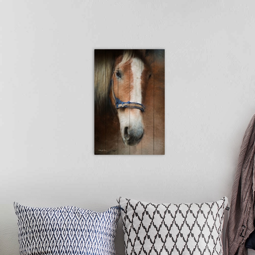 A bohemian room featuring Decorative artwork of the face of a horse.