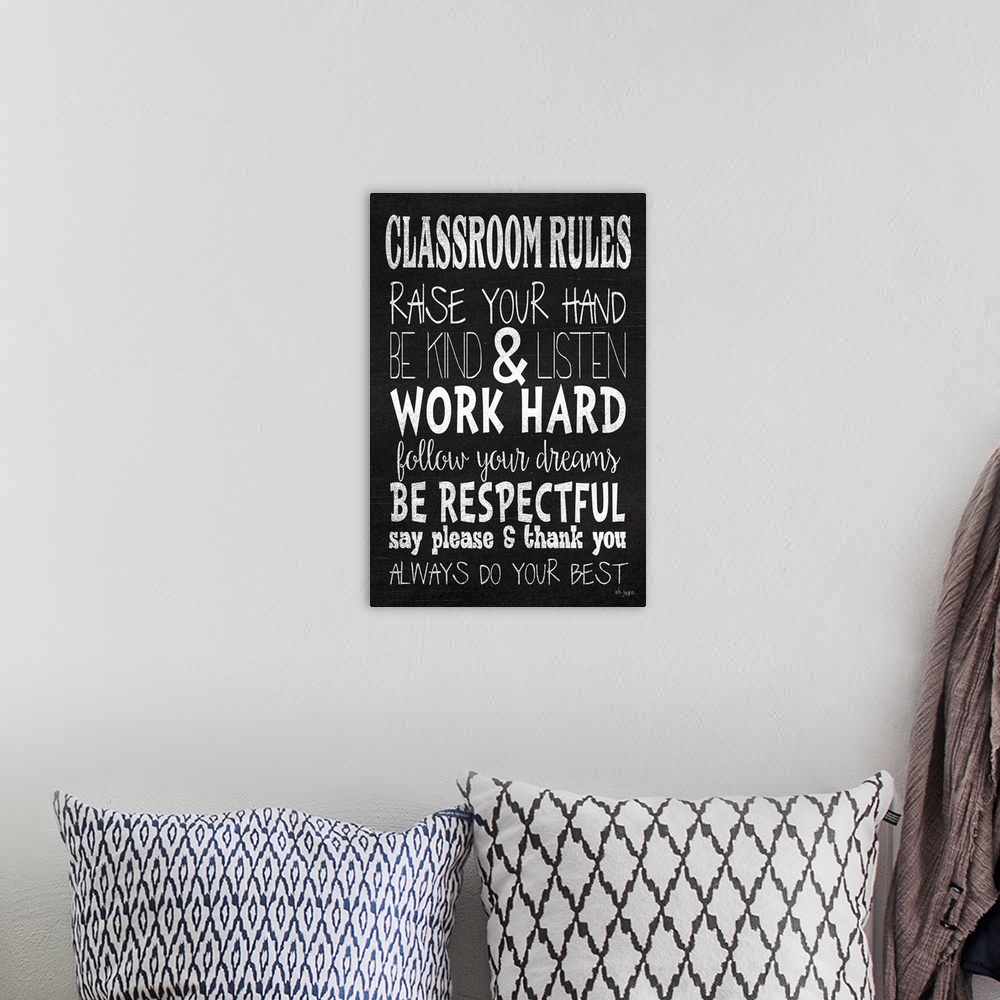 A bohemian room featuring Classroom Rules