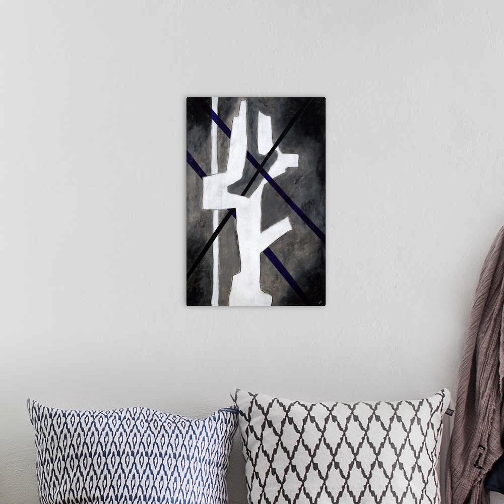 A bohemian room featuring Contemporary abstract painting using bold contrasting neutral colors. and abstracted shapes.