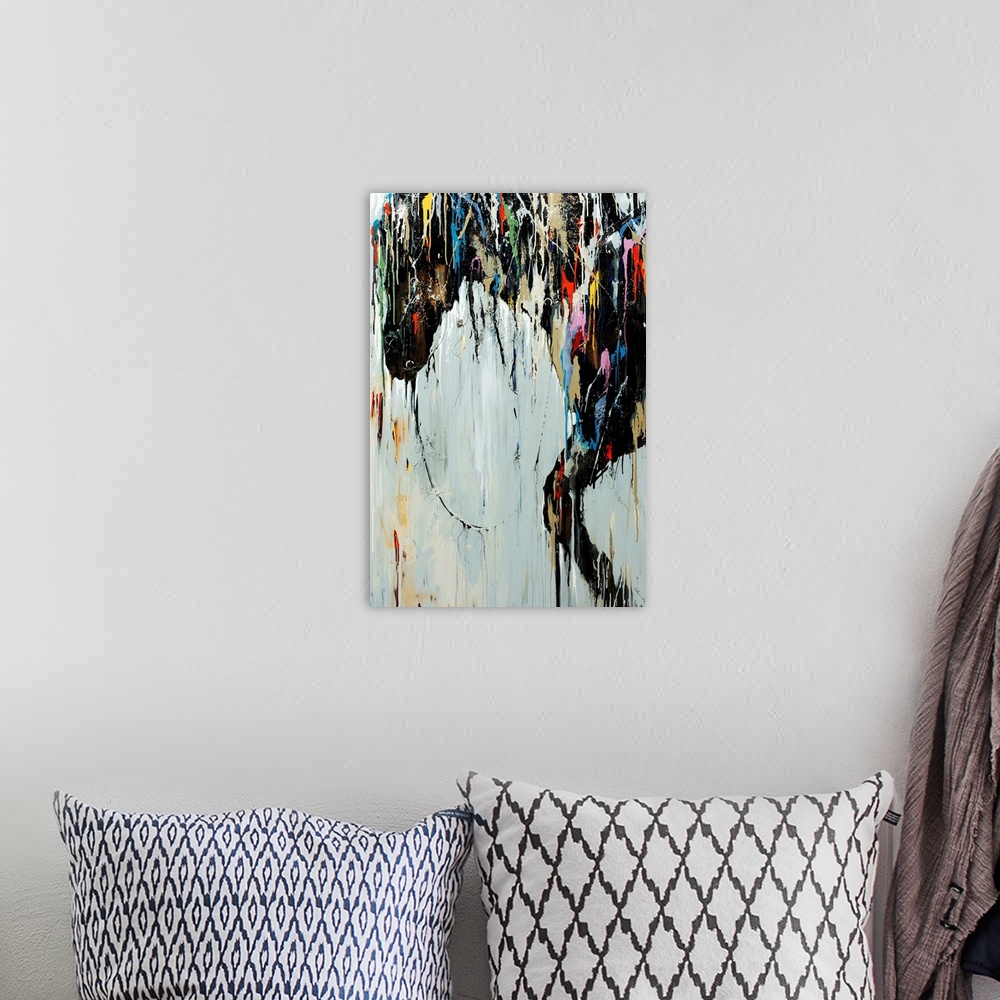 A bohemian room featuring Contemporary abstract painting with drips and splashes of color over top a depiction of a wild an...
