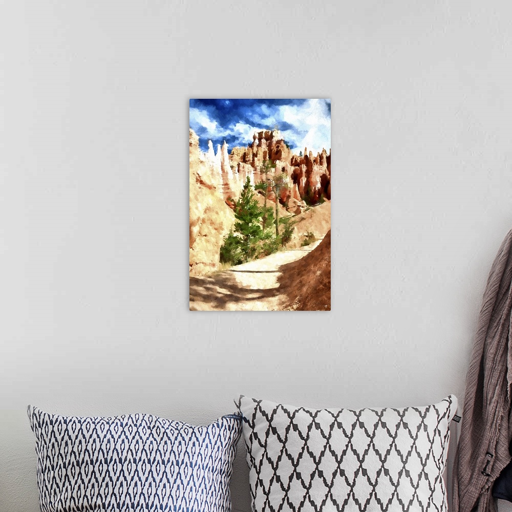 A bohemian room featuring A photograph of Bryce Canyon, Utah with a painterly effect.