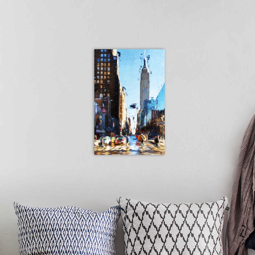 A bohemian room featuring Painterly photograph of NYC taxis.