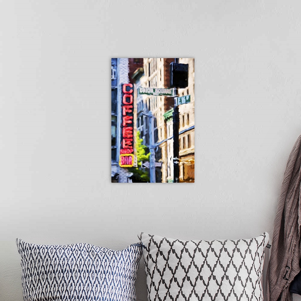 A bohemian room featuring Photograph with a painterly effect of New York city.