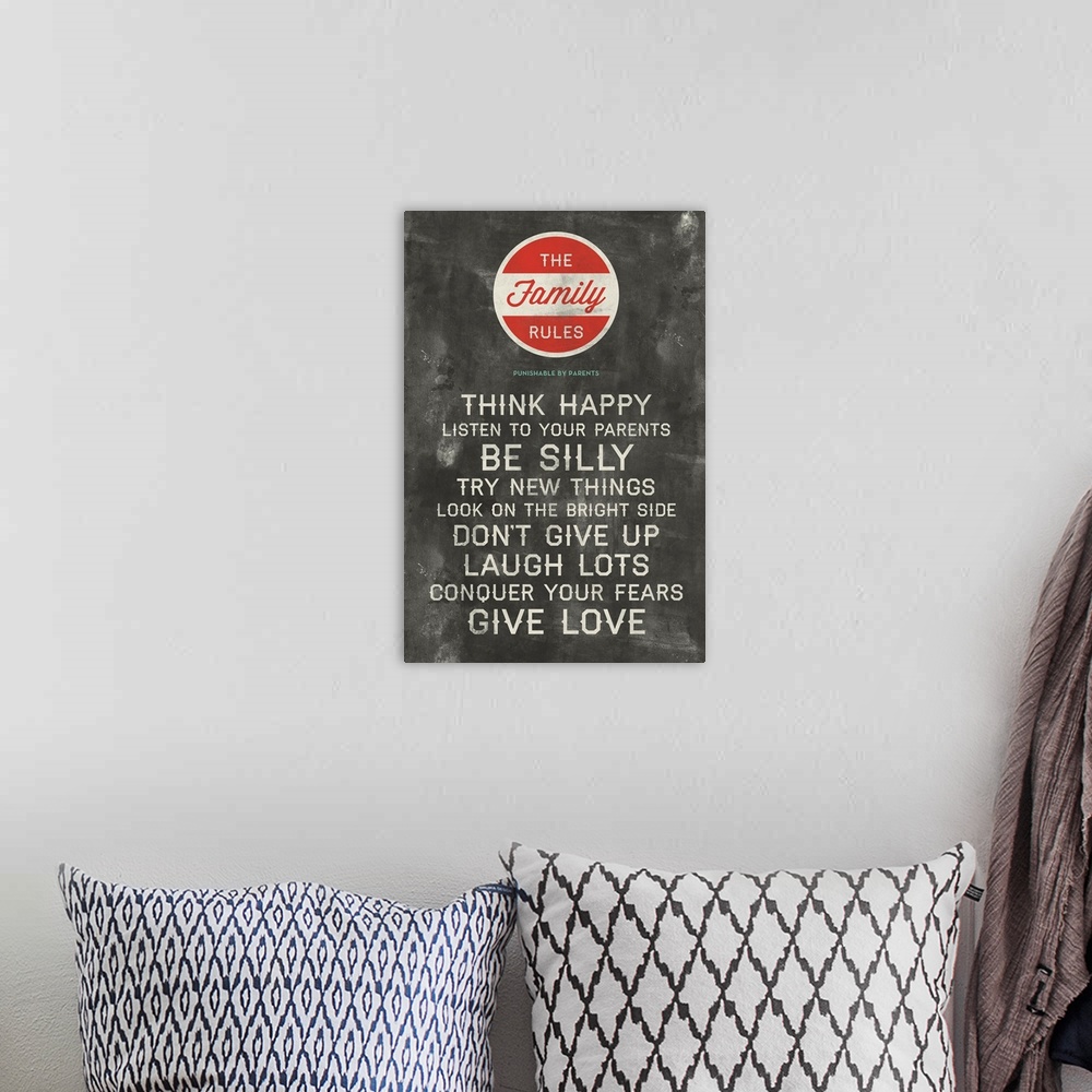 A bohemian room featuring Be Silly Family Rules