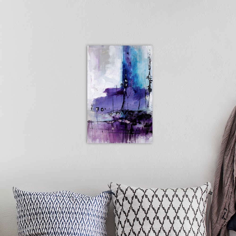 A bohemian room featuring Contemporary painting done in brilliant shades of purple of purple from violet to eggplant over a...