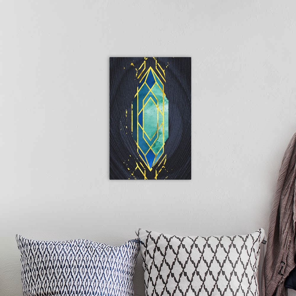 A bohemian room featuring Geometric artwork in shades of blue with a golden diamond pattern on a background of dark navy bl...