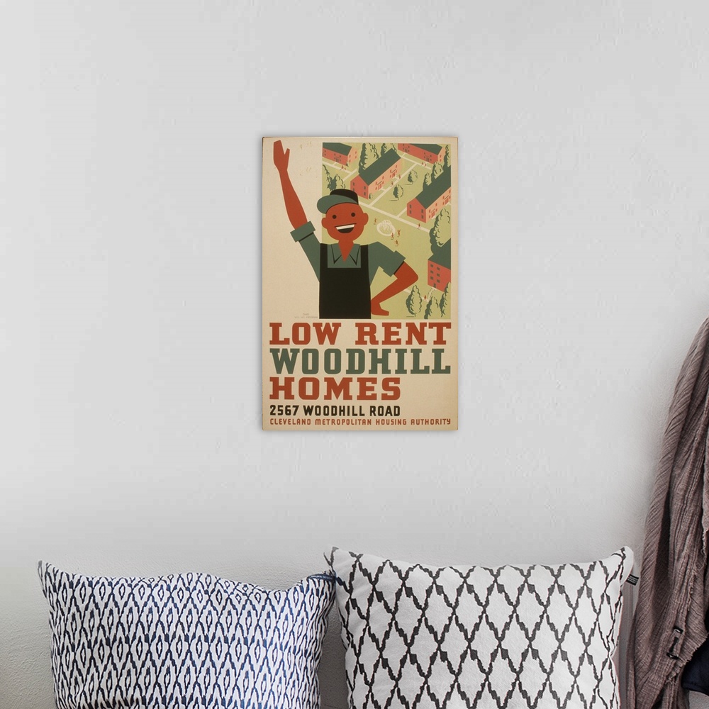 A bohemian room featuring Artwork for Cleveland Metropolitan Housing Authority promoting low income housing, showing a cons...