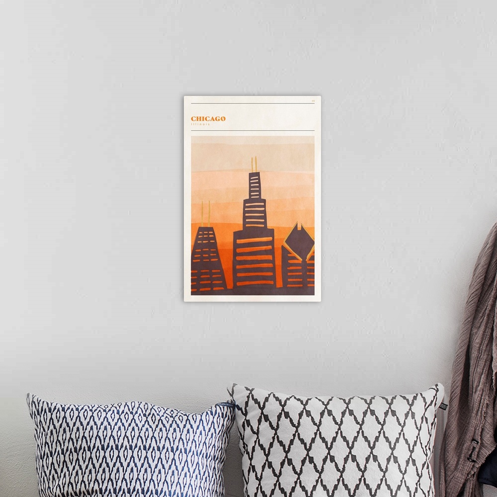 A bohemian room featuring Vertical modern illustration of the Chicago skyline in orange shades.