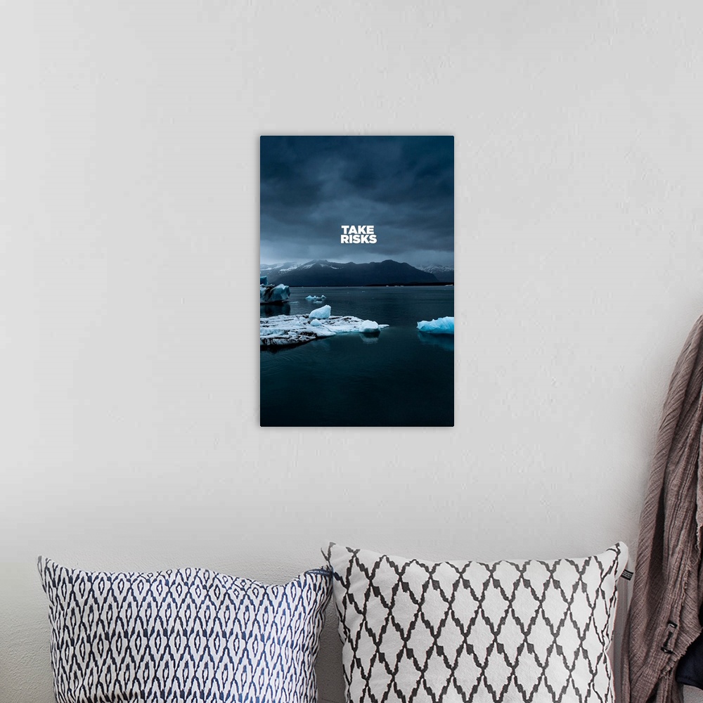 A bohemian room featuring Motivational sentiment over immense arctic scenery.