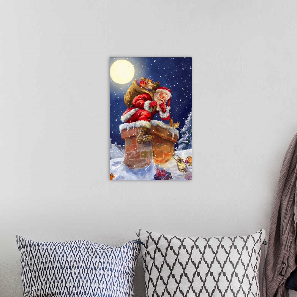 A bohemian room featuring Contemporary painting of Santa getting ready to go down a chimney with a full moon in the sky.