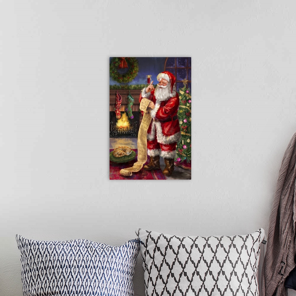A bohemian room featuring A traditional painting of Santa checking his list at a Christmas tree in front of a fireplace.