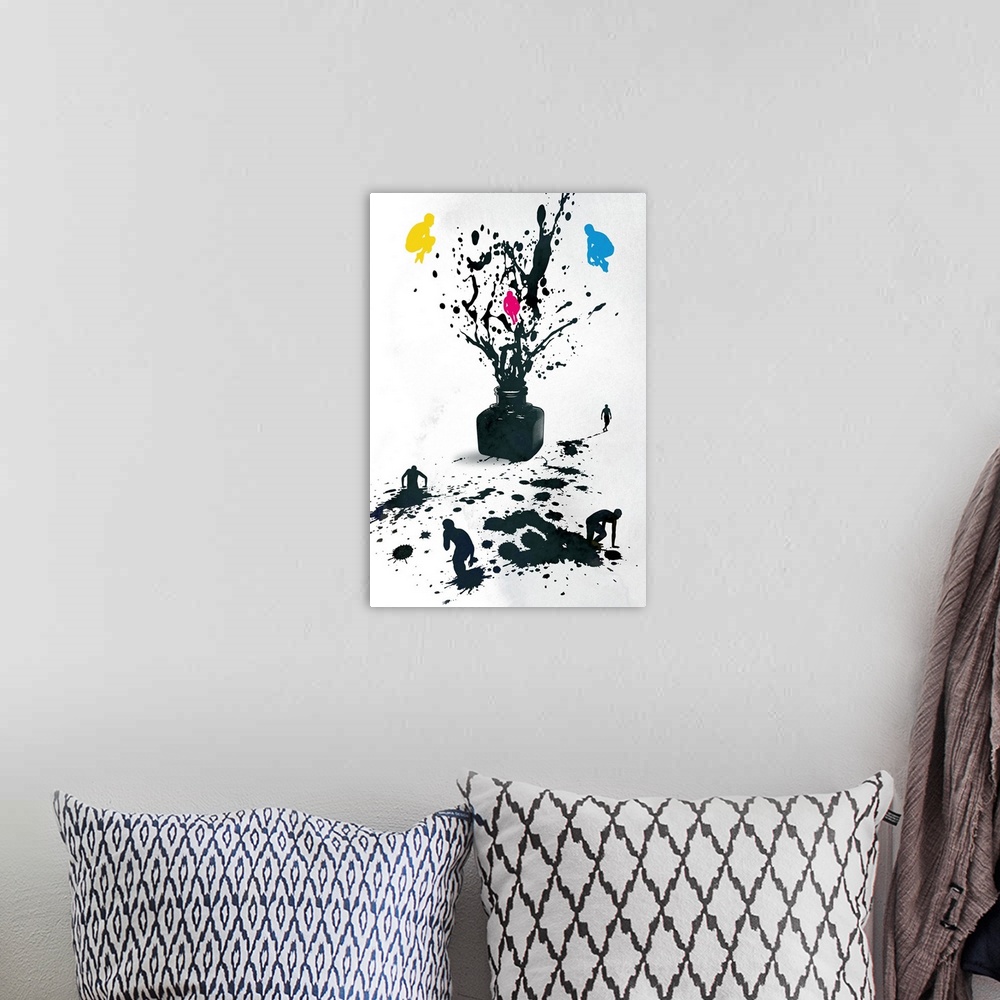 A bohemian room featuring This vertical wall hanging is a conceptual illustration with a CMYK color palette of human figure...