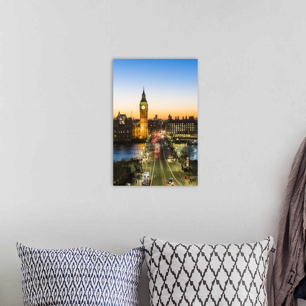 A bohemian room featuring Big Ben, and busy traffic on Westminster Bridge at dusk, London, England