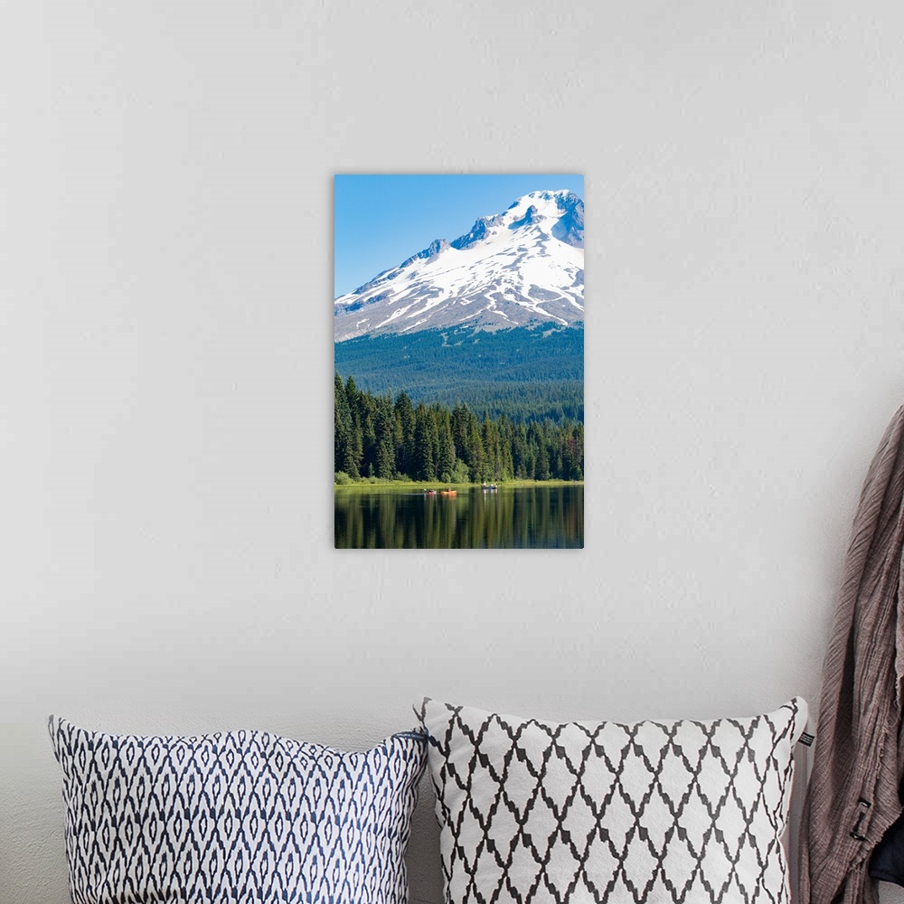 A bohemian room featuring Canoes and rowboat on Trillium Lake with Mount Hood, Cascade Range, Oregon