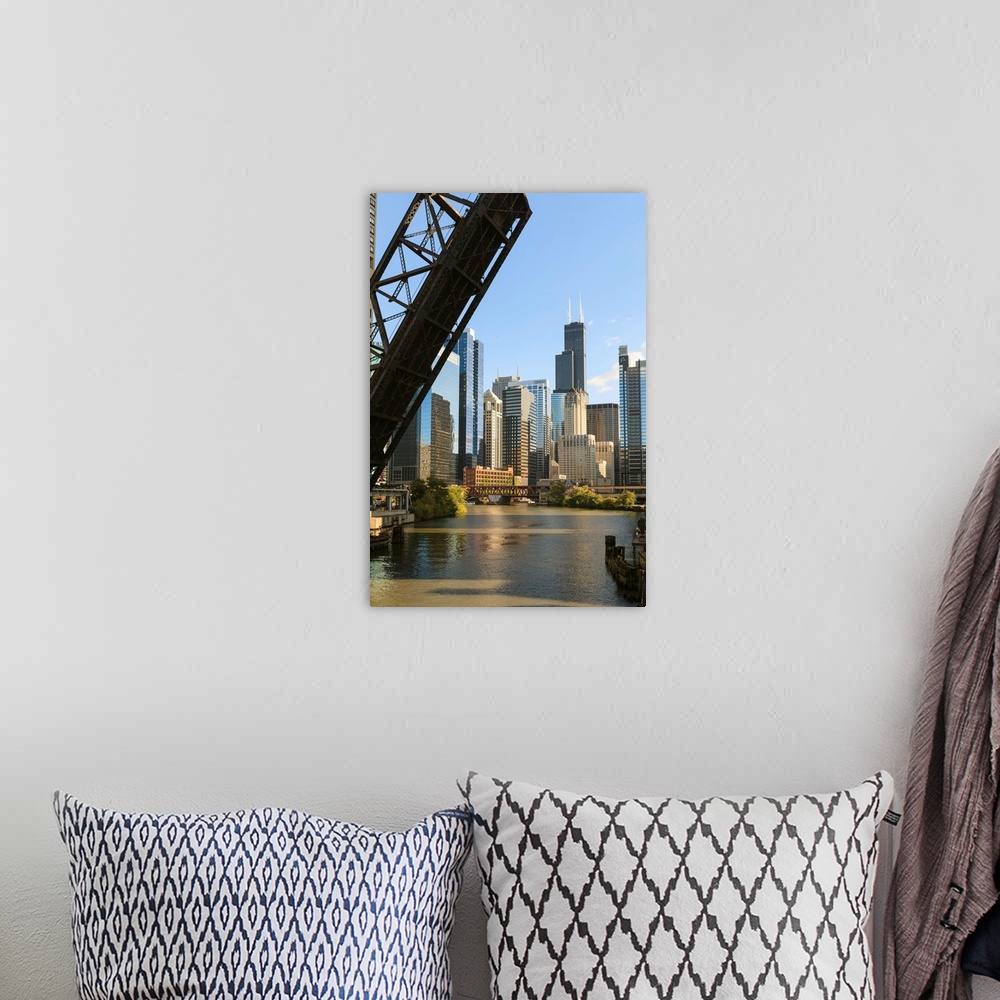 A bohemian room featuring Chicago River and towers, raised disused railway bridge, Chicago, Illinois, USA