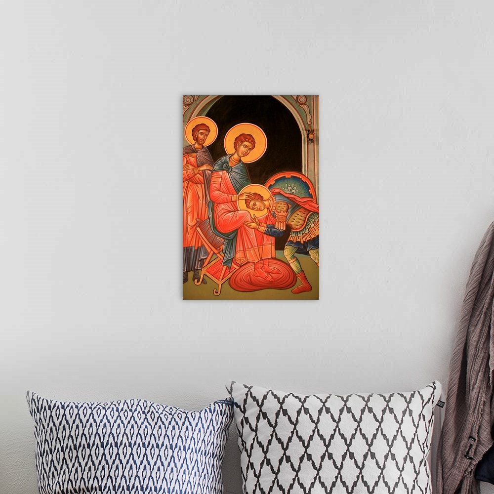 A bohemian room featuring Greek Orthodox icon depicting St. Nestor and St. Dimitrios, Greece