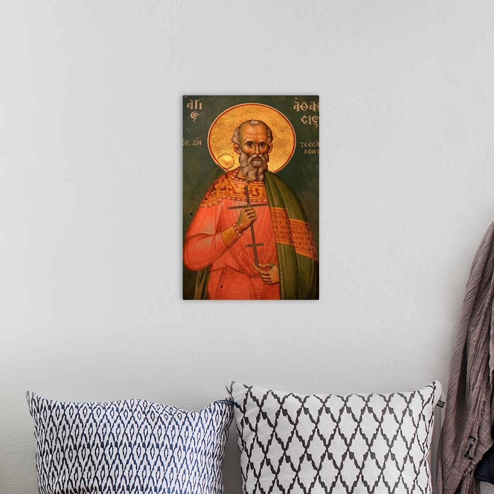 A bohemian room featuring St. Athanasos, Greek Orthodox icon, Thessaloniki, Macedonia, Greece