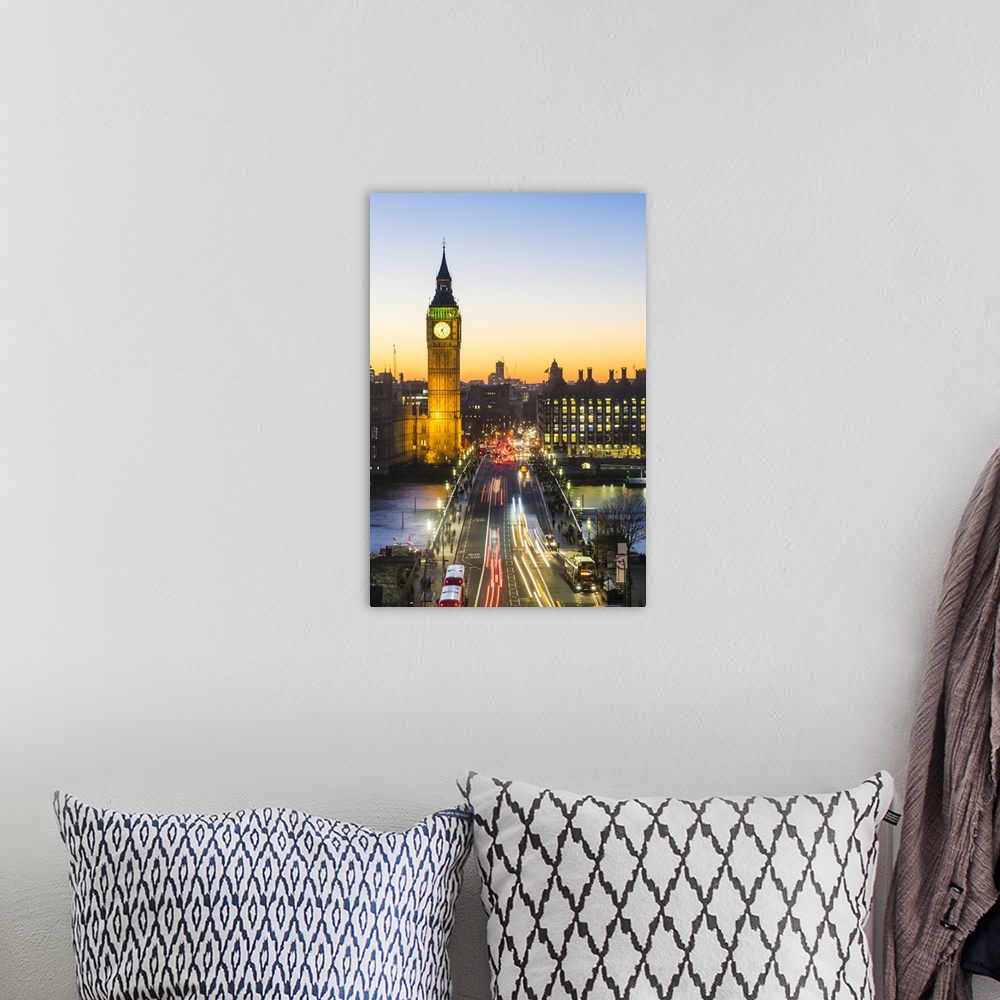 A bohemian room featuring High angle view of Big Ben, the Palace of Westminster and Westminster Bridge at dusk, London, Eng...