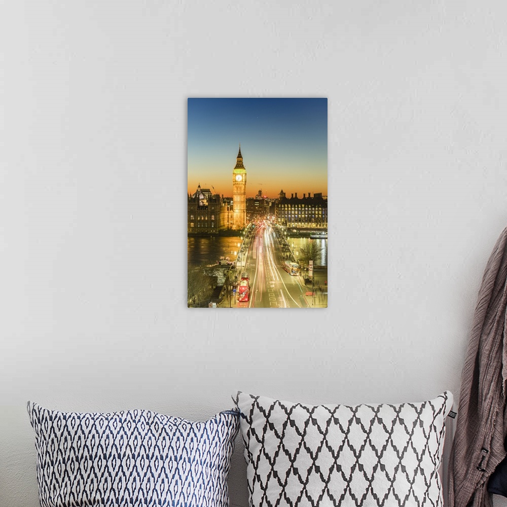 A bohemian room featuring High angle view of Big Ben, the Palace of Westminster and Westminster Bridge at dusk, London, Eng...