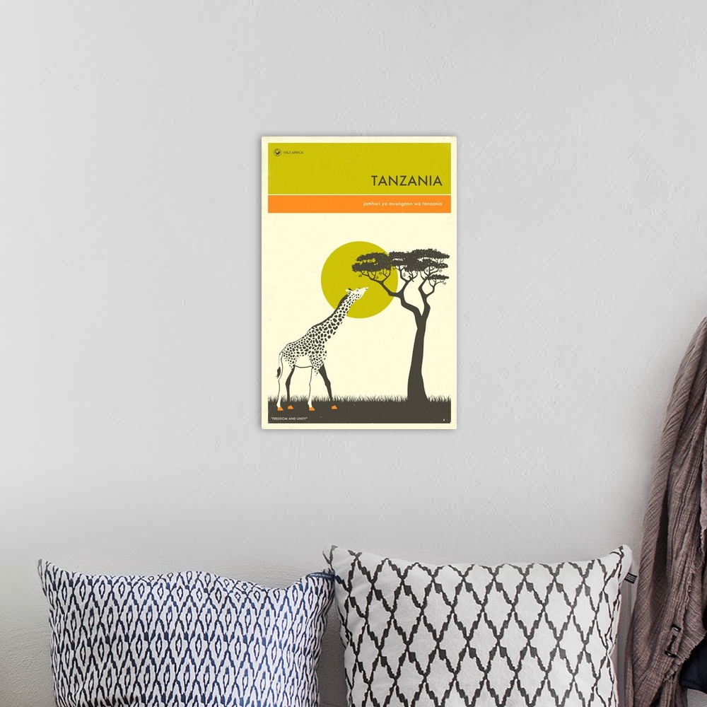 A bohemian room featuring Minimalist retro style Visit Africa travel poster for Tanzania.