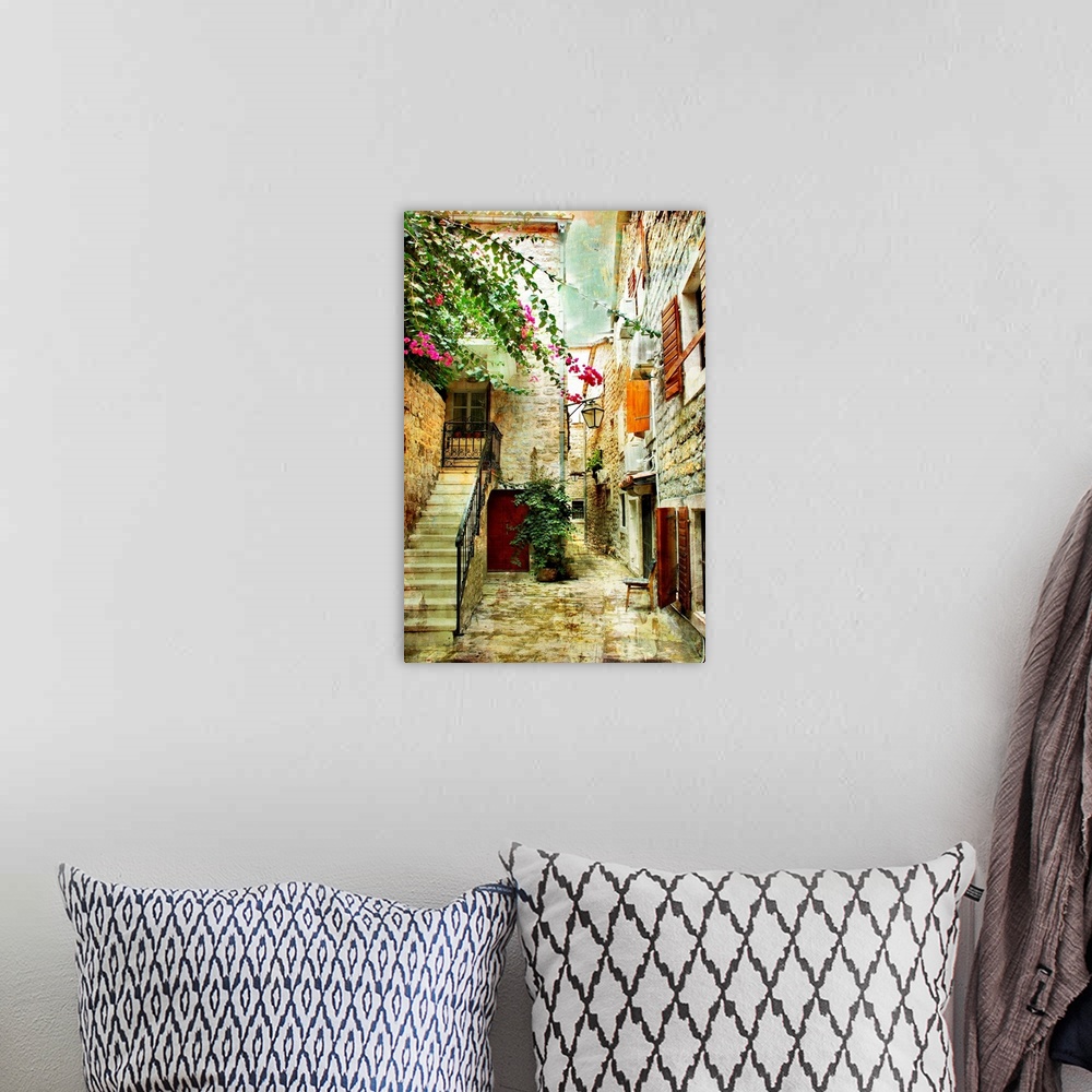 A bohemian room featuring courtyard of old Croatia - picture in painting style