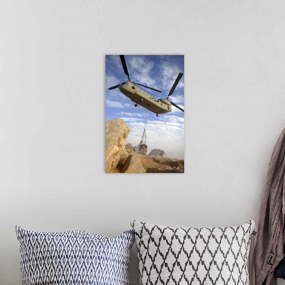 A bohemian room featuring A U.S. Army CH-47 Chinook helicopter