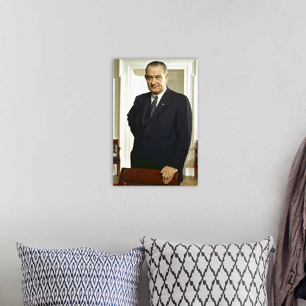 A bohemian room featuring American history photograph of President Lyndon Johnson at The White House.
