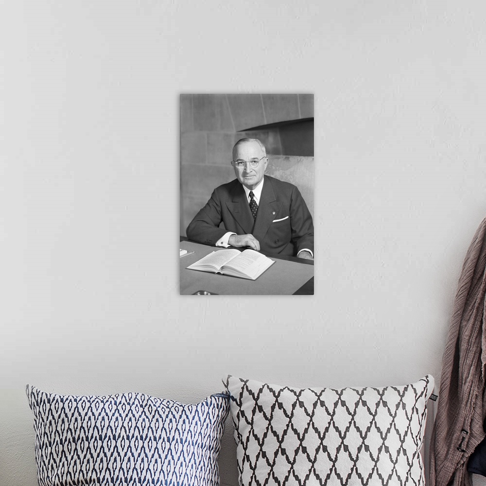 A bohemian room featuring American history portrait featuring Harry S. Truman.